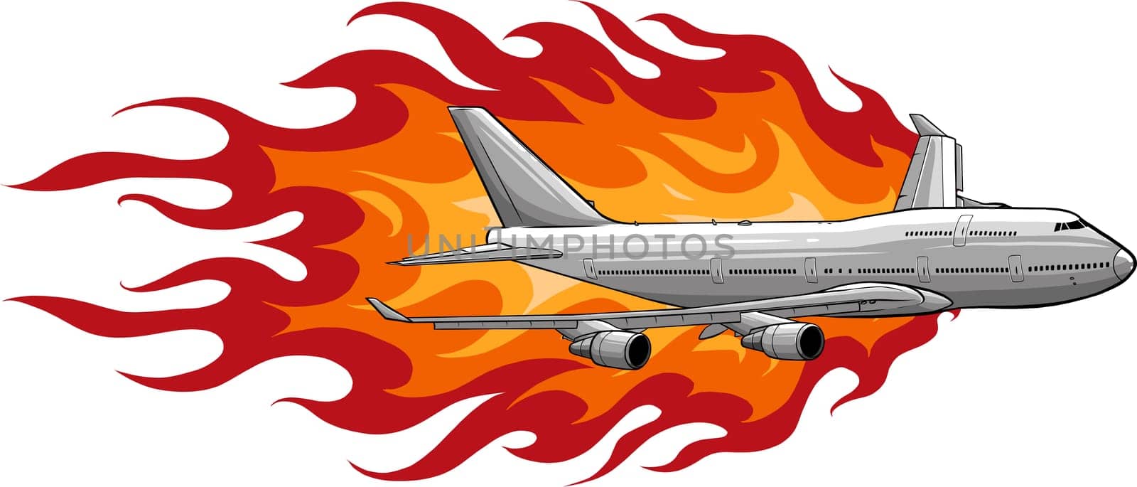 illustration of civil aircraft with flames