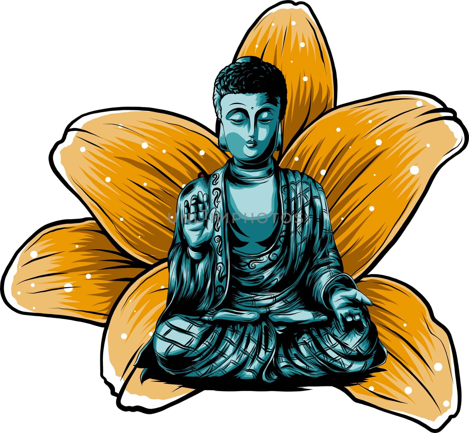 Vector Buddhism icon meditating Buddha. Golden Buddha sitting on a lotus background. Illustration in flat style.