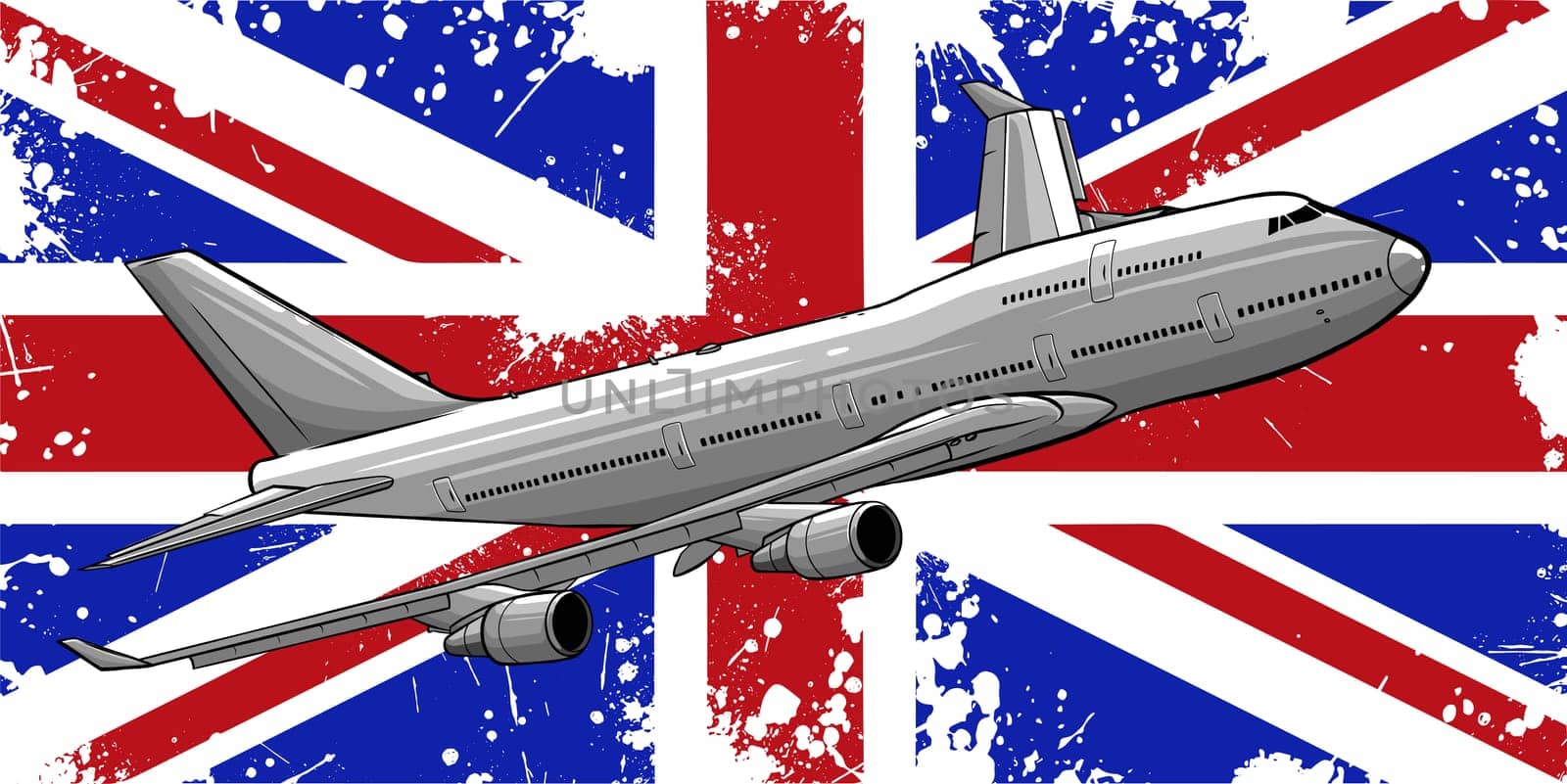 Illustration of a passenger plane flying over the flag of great Britain.