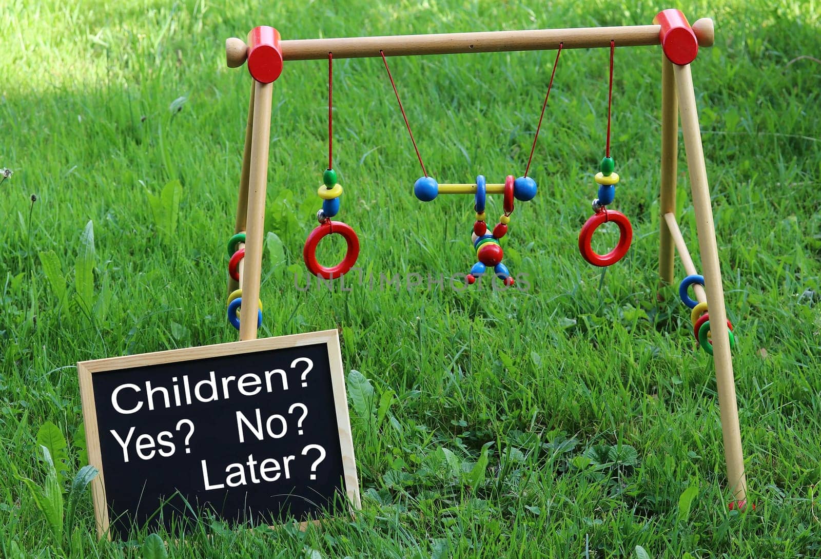 Baby toys and a blackboard in a meadow with the inscription Children? Yes? No? Later?
