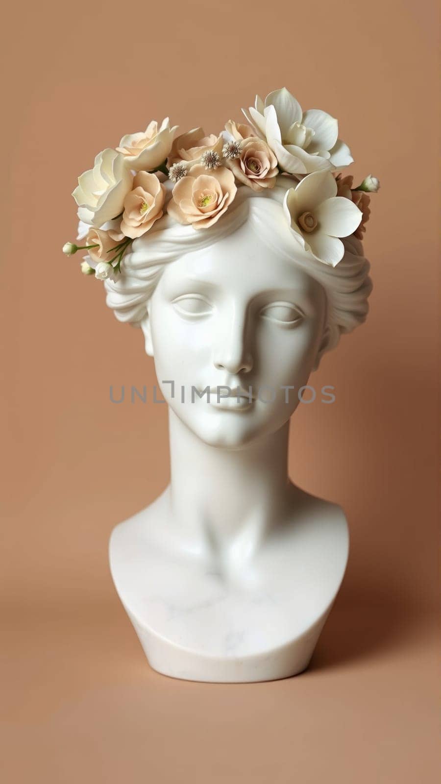 Stone statue covered with spring flowers on isolated background. High quality photo
