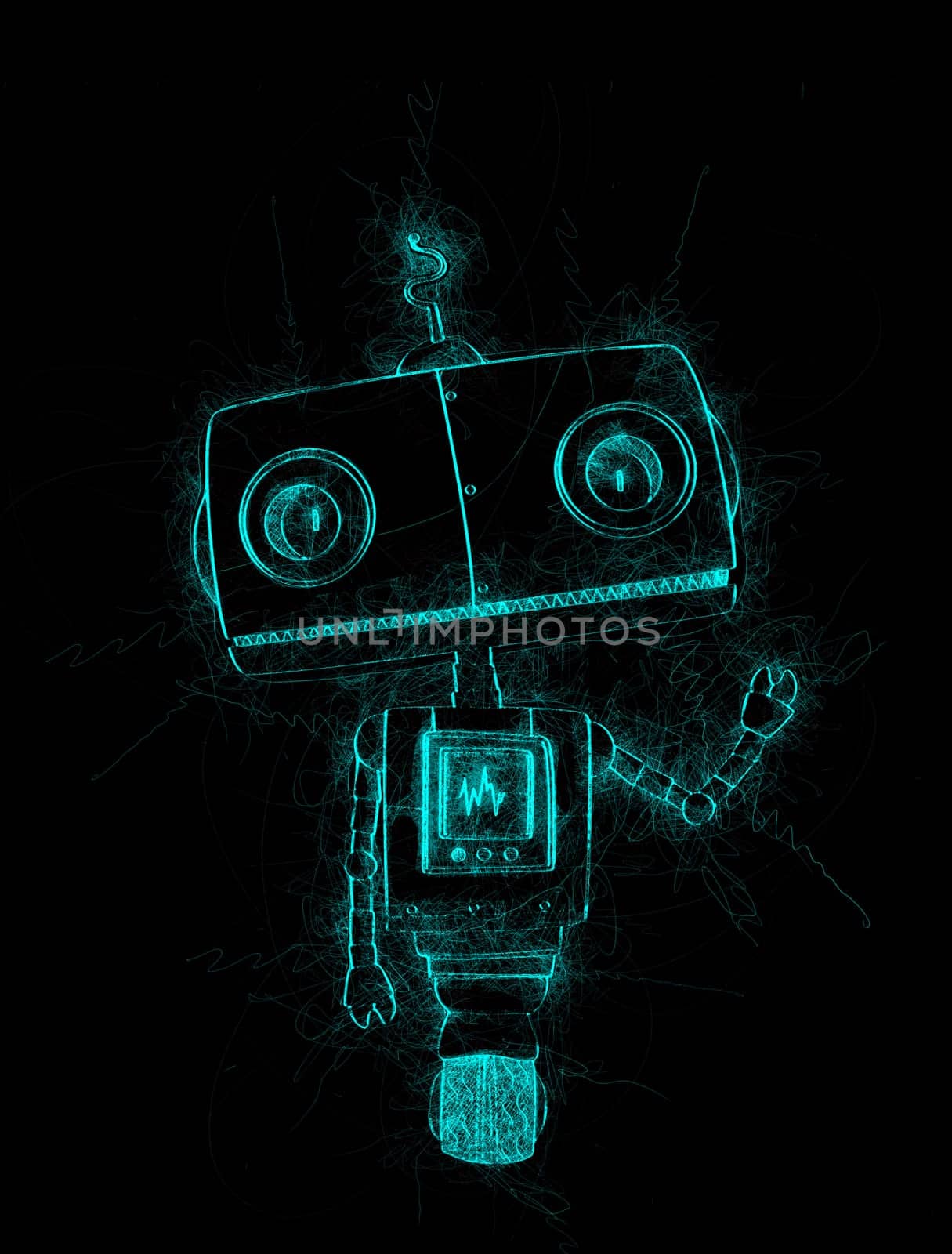Little cute robot sketch over black background