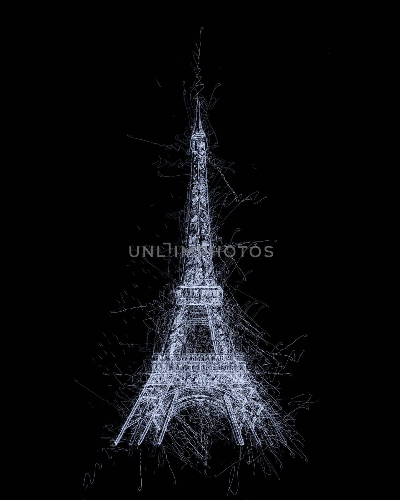 Eiffel tower stylized scribble sketch over black
