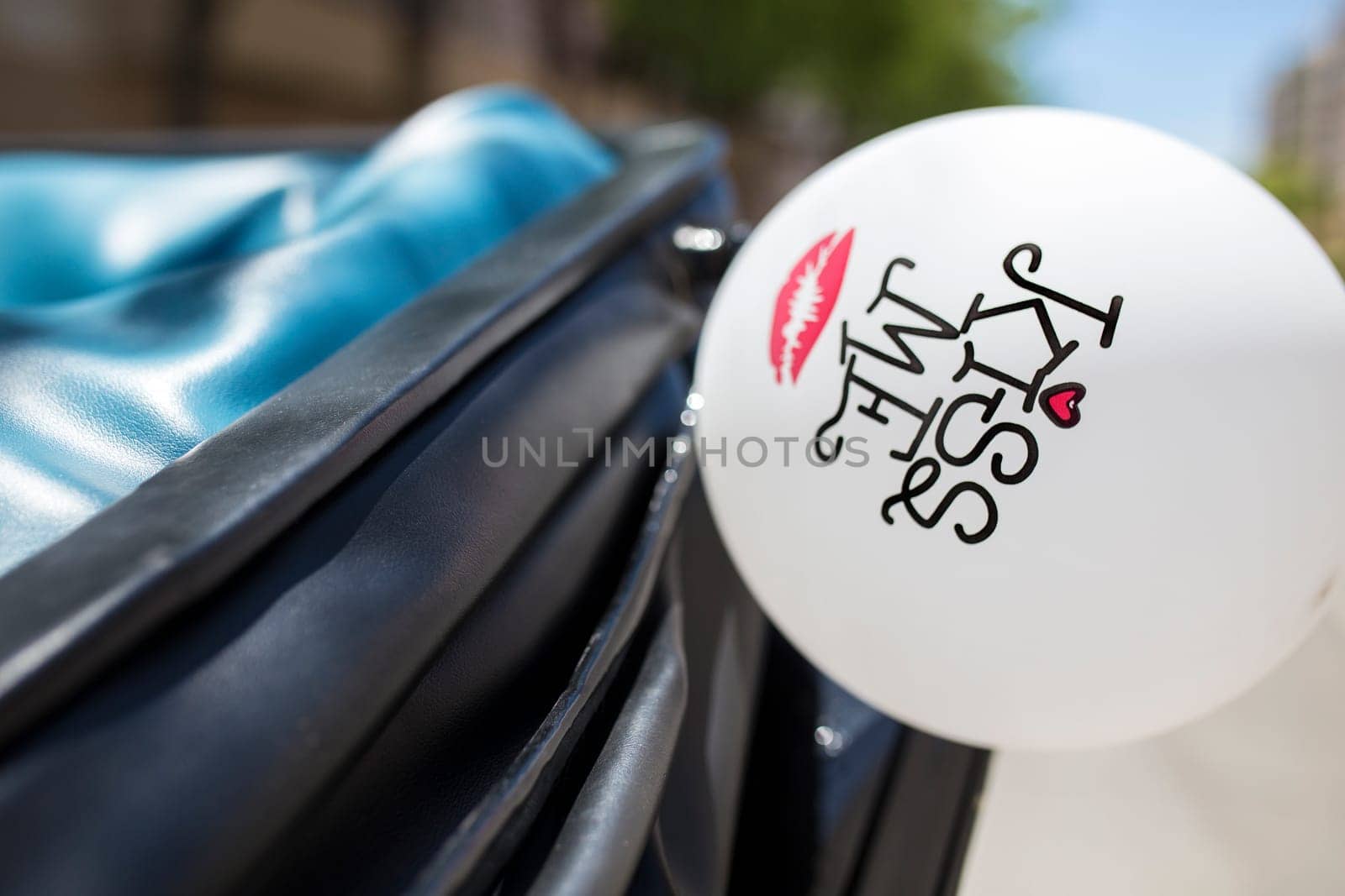 Soft balloon decorates love celebrations. Horse drawn wedding carriage