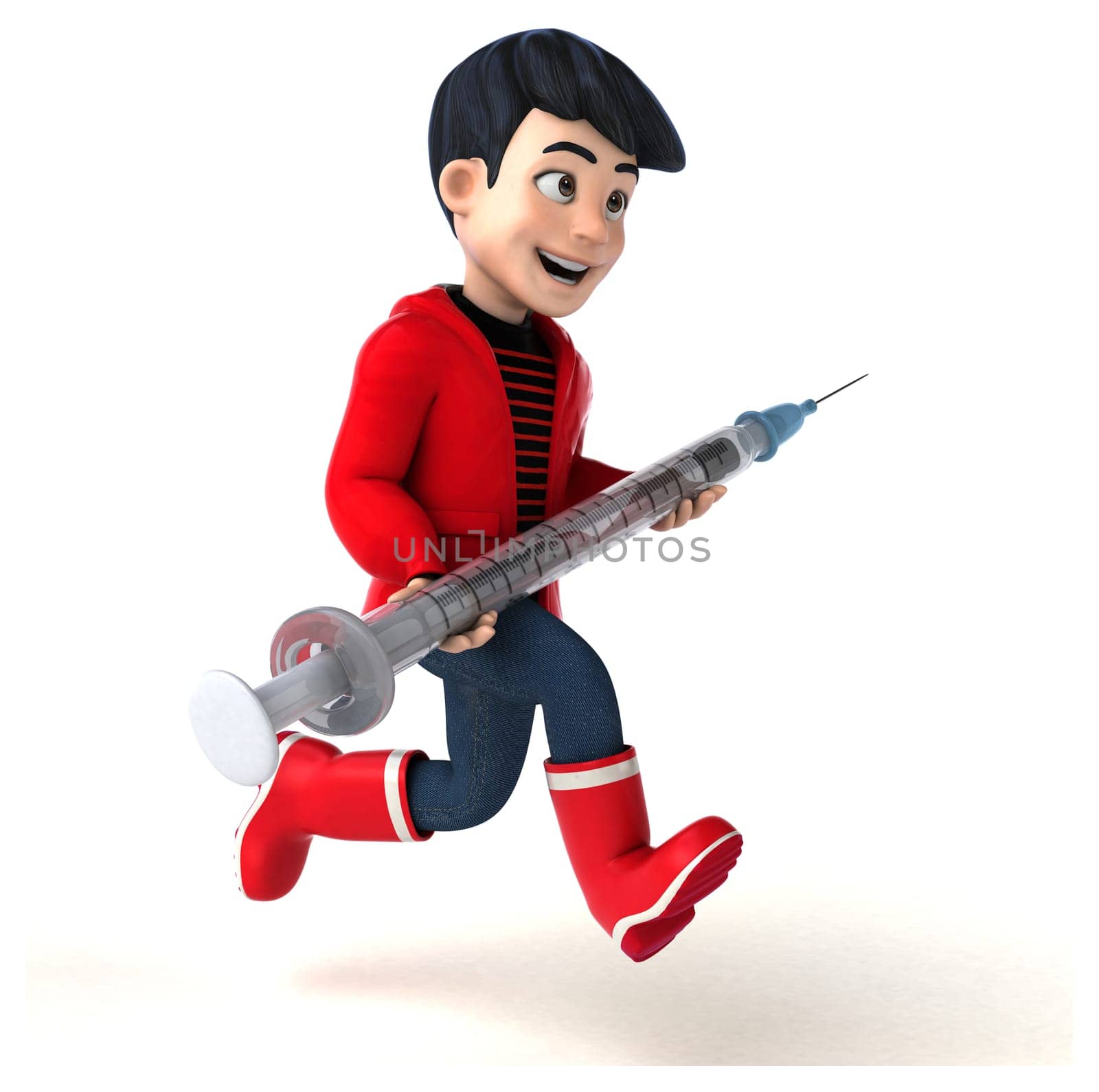 Fun 3D cartoon teenage boy with a syringe