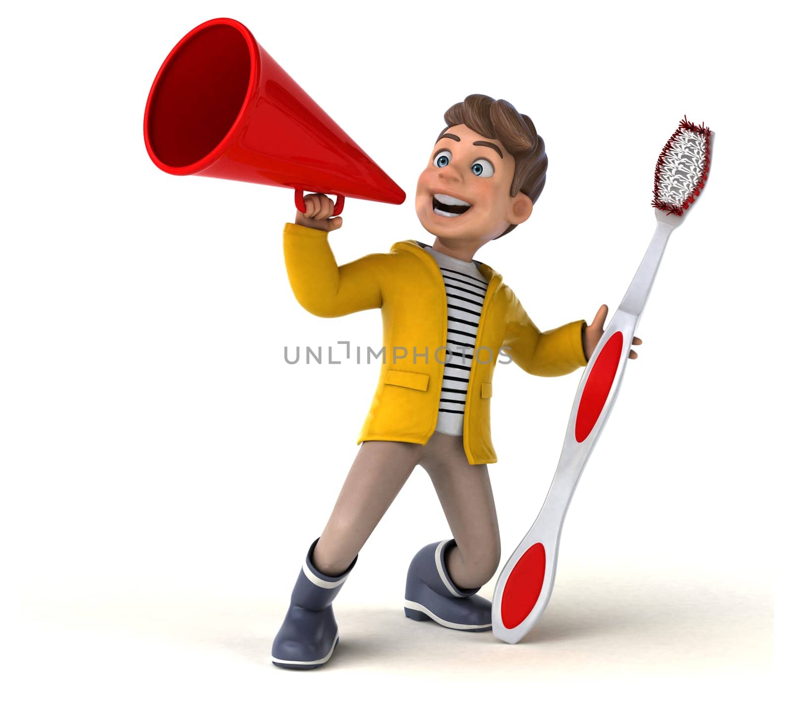 Fun 3D Illustration of a cartoon kid with rain gear