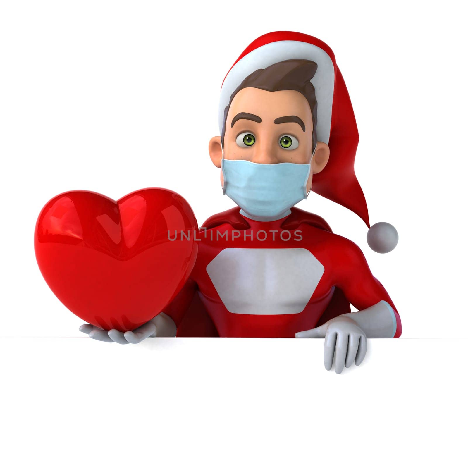 Fun 3D illustration of a cartoon Santa Claus with a mask