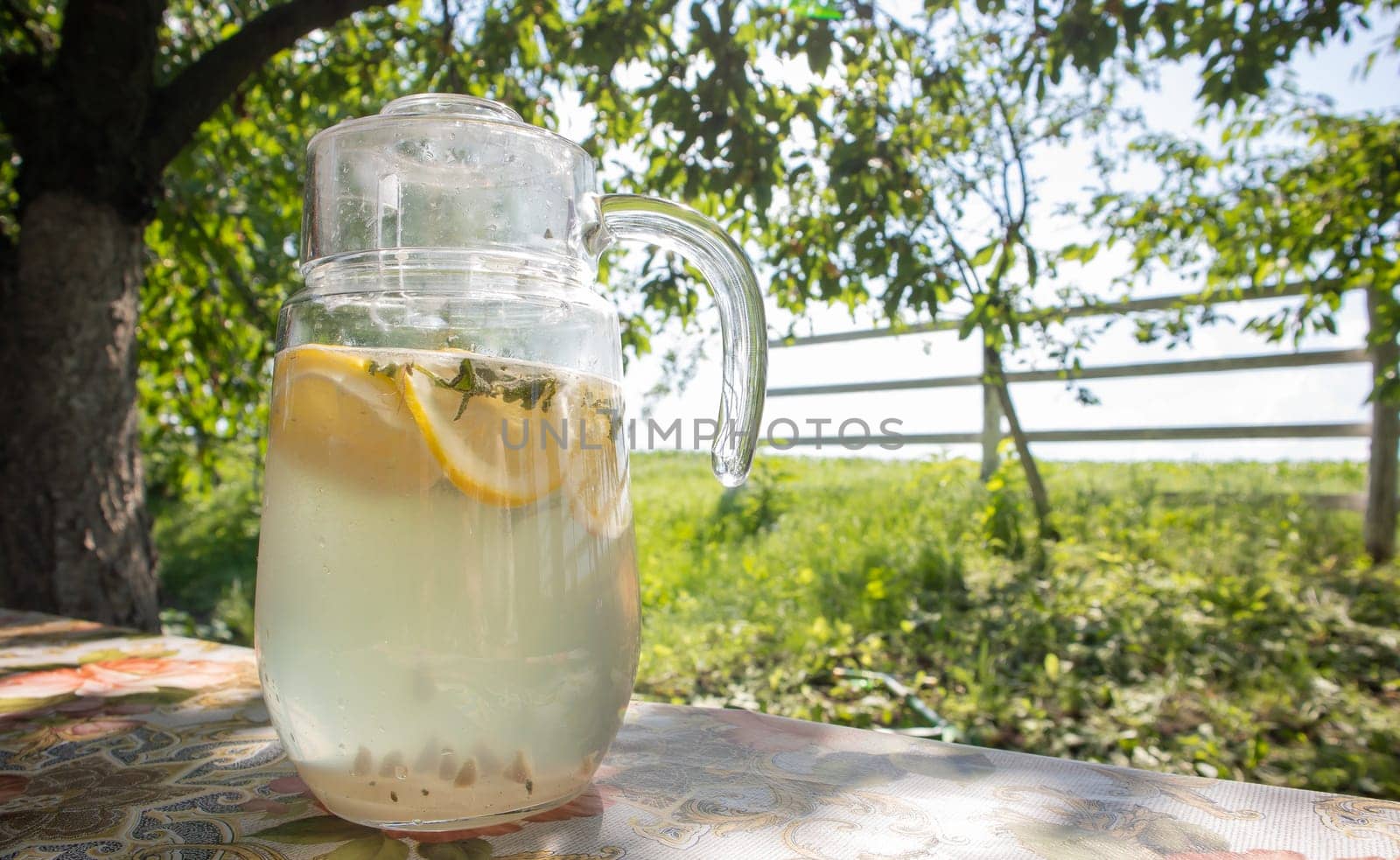 Homemade lemonade made from lemons in a large glass jug on the table in the garden. A jug with lemon and mint stands on the street against the backdrop of greenery on a hot summer day