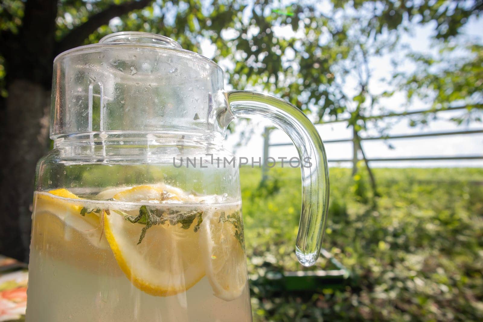 Homemade lemonade made from lemons in a large glass jug on the table in the garden. A jug with lemon and mint stands on the street against the backdrop of greenery on a hot summer day
