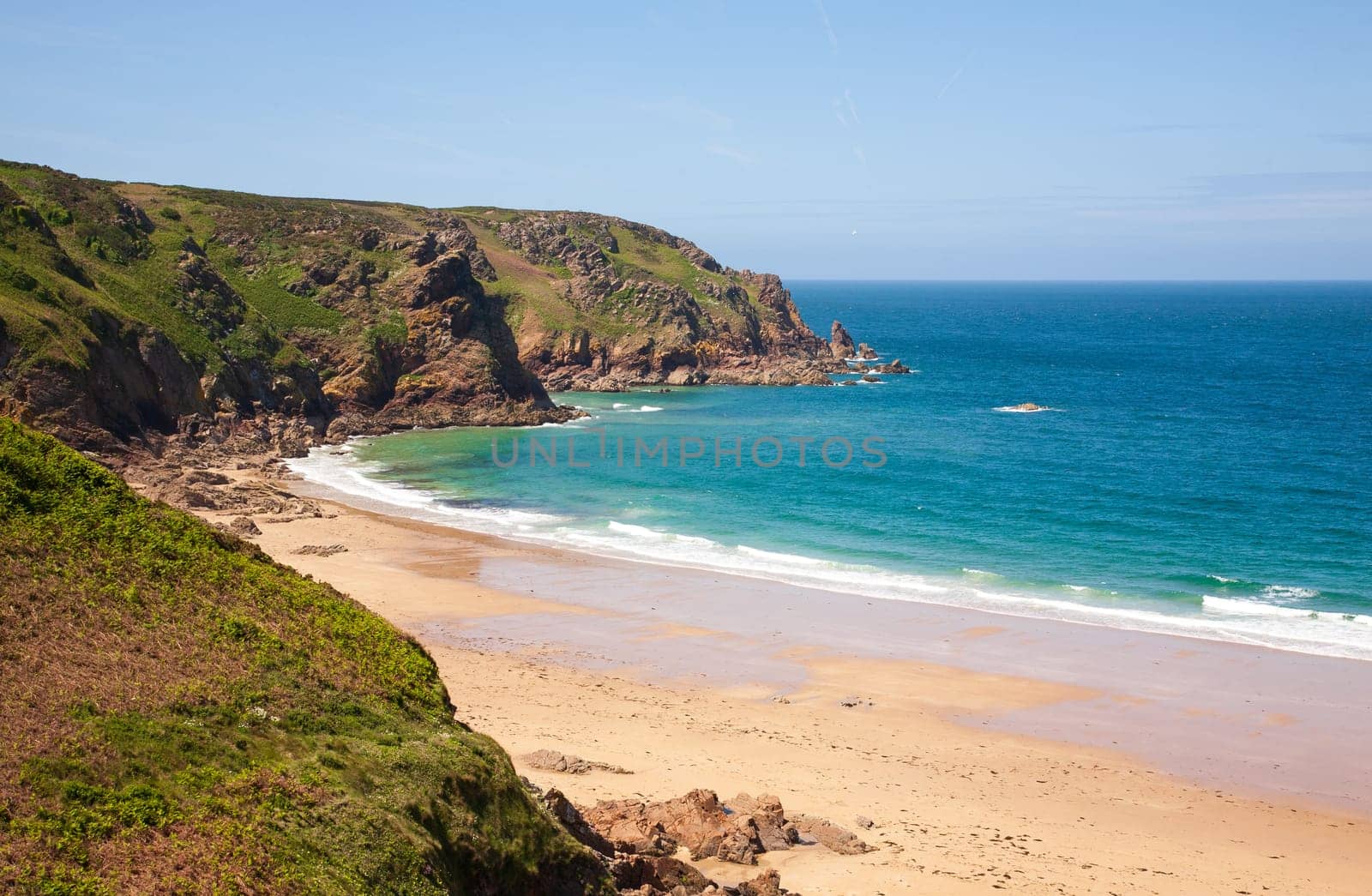 Cliffs and beach of the Island of Jersey in the English Channel
