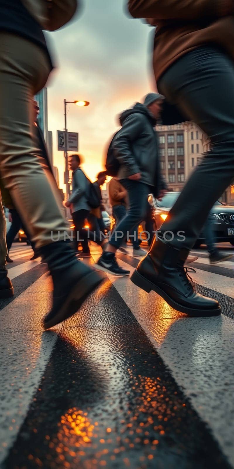 A lot of people walk along the pedestrian crossing during rush hour. High quality photo