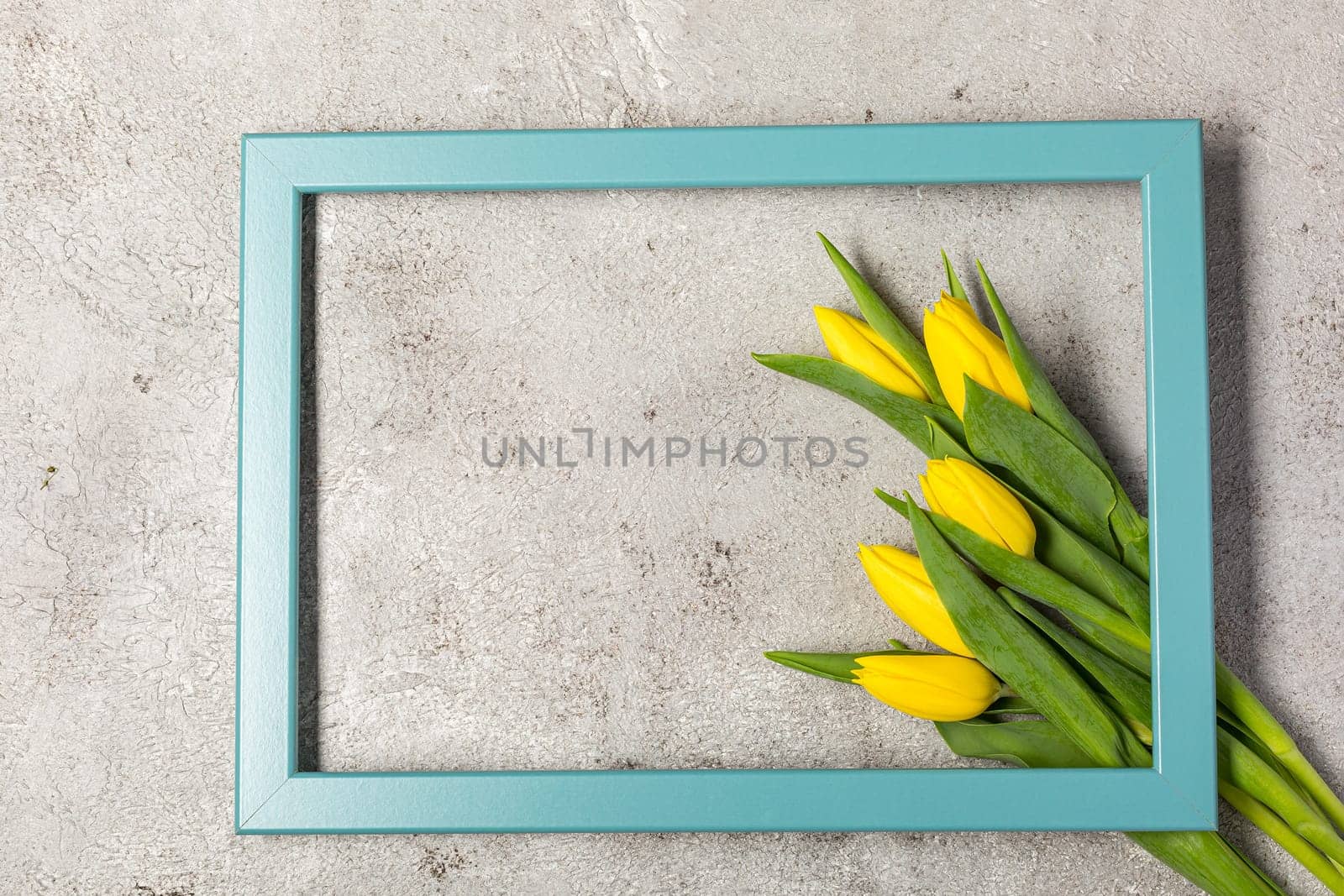 Flat lay with yellow tulips flower and frame on ultimate gray texture. View with copy space. Spring Concept. minimal