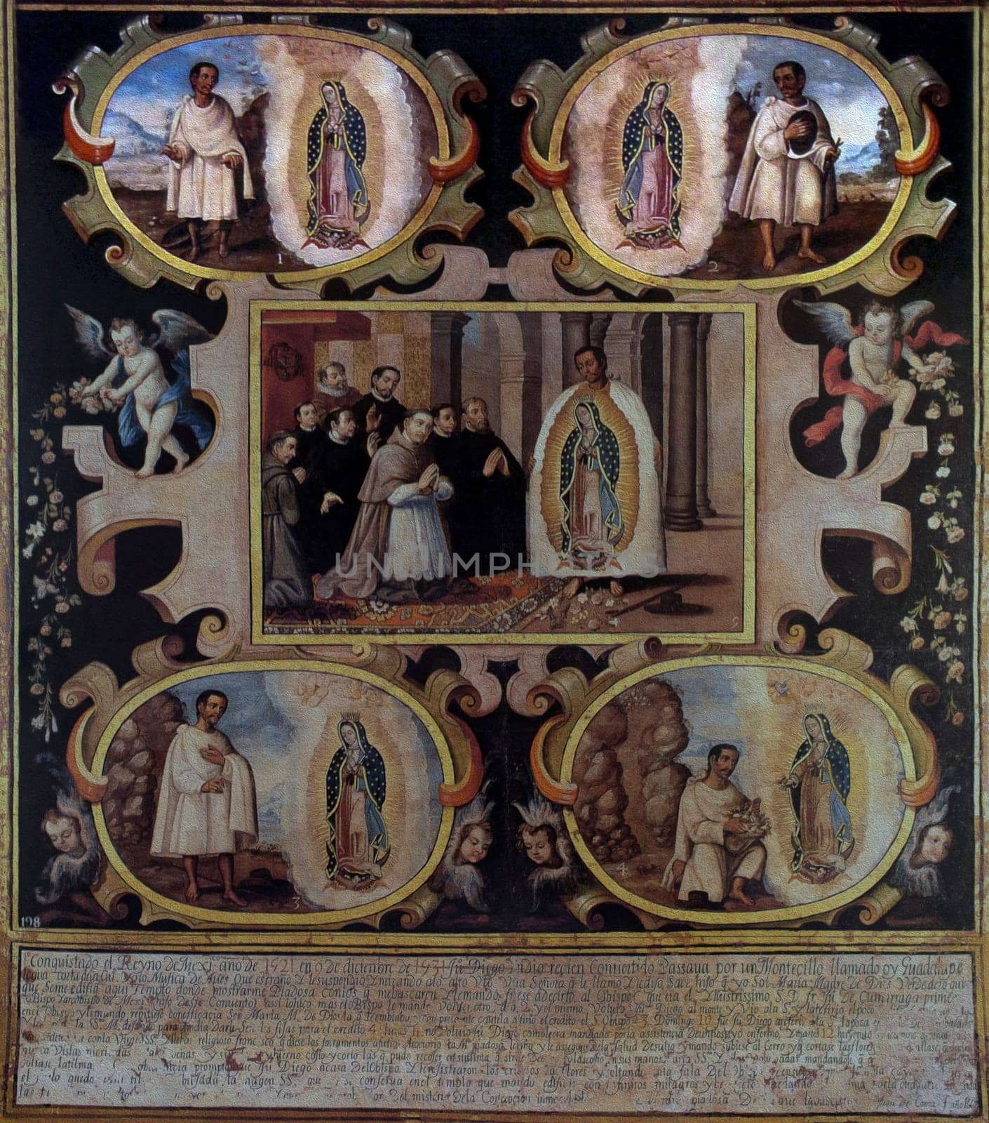 Miraculous origin of the image of the Virgin of Guadalupe. Painted by Juan Correa in 1667. National Sculpture Museum