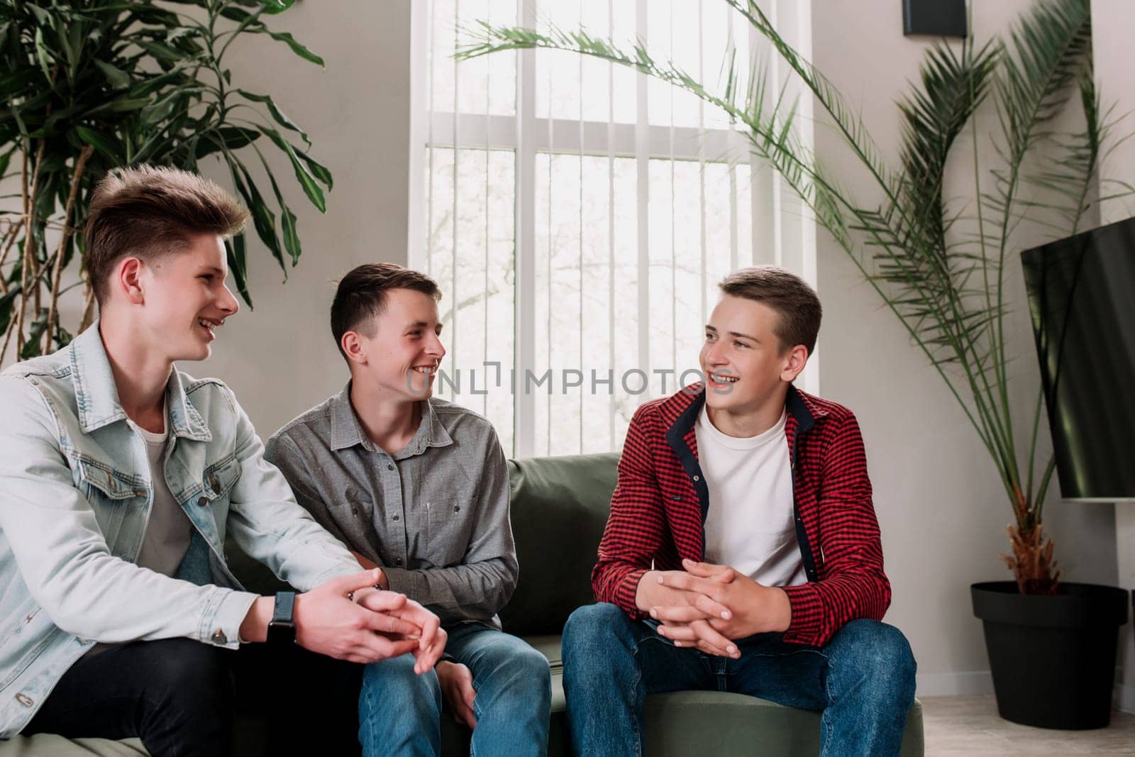 Three male friends are talking at the green sofa in living room. Guys having a talk, sharing and discussing news, cheeling together. Gossip teens