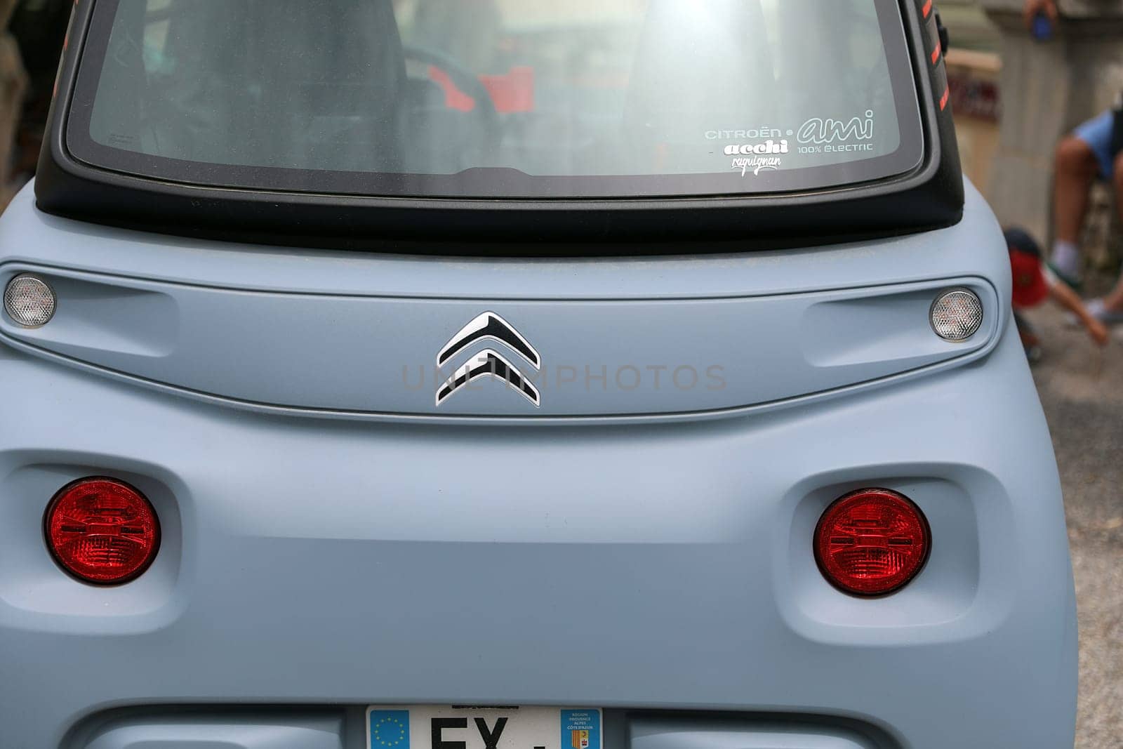 Seillans, France - June 19, 2021: Close Up Rear View Of A French Small Citroen Ami Electric Two-Seater Micro-City Car Parked In The Street Of Seillans In The South Of France, Europe