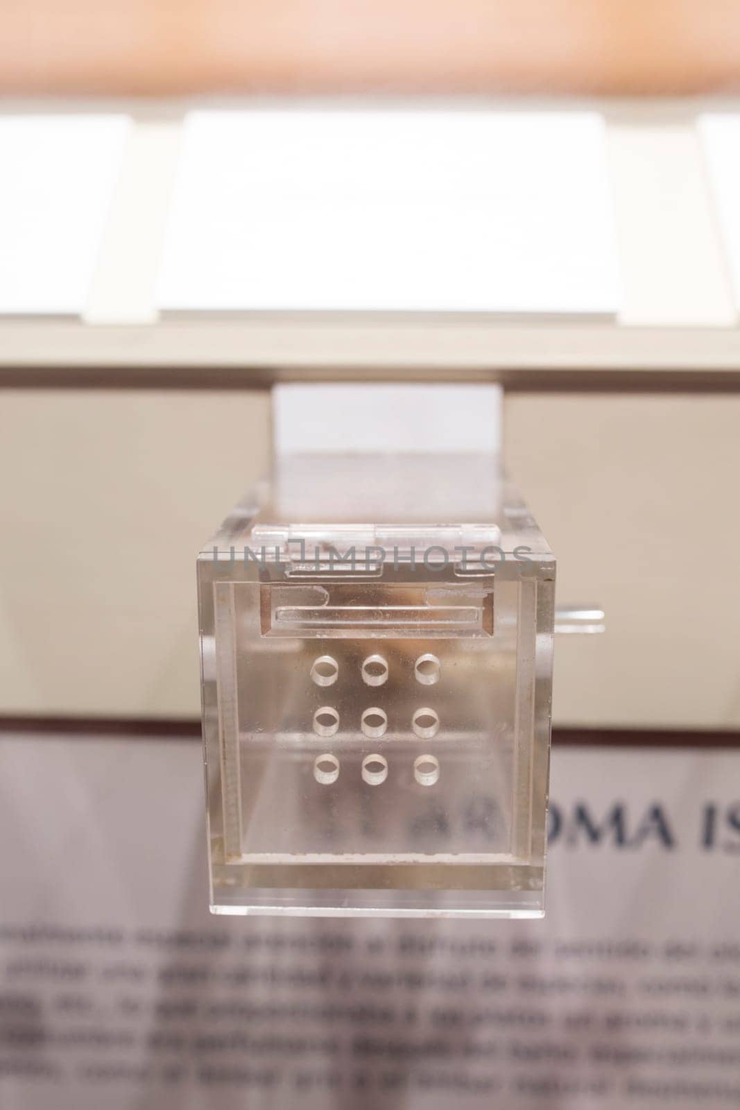 Museum display of methacrylate box with fragance. Specialized equipment for scents exhibitions
