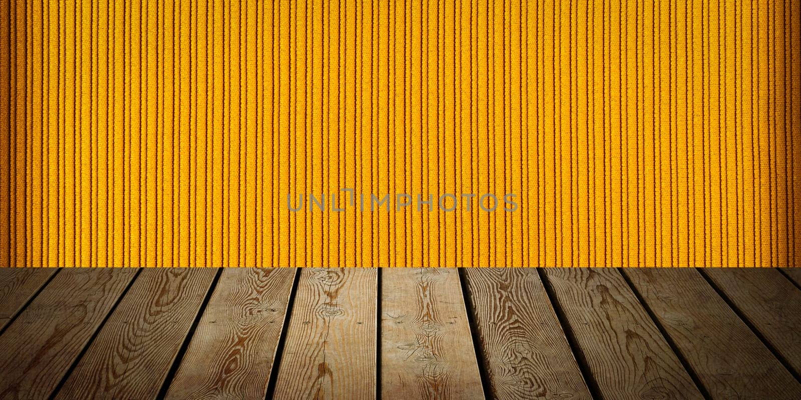 The background is blank wooden boards and a textured striped wall with gradient lighting and vignetting. For product demonstrations, free space, layout, mockup, perspective board, background board.