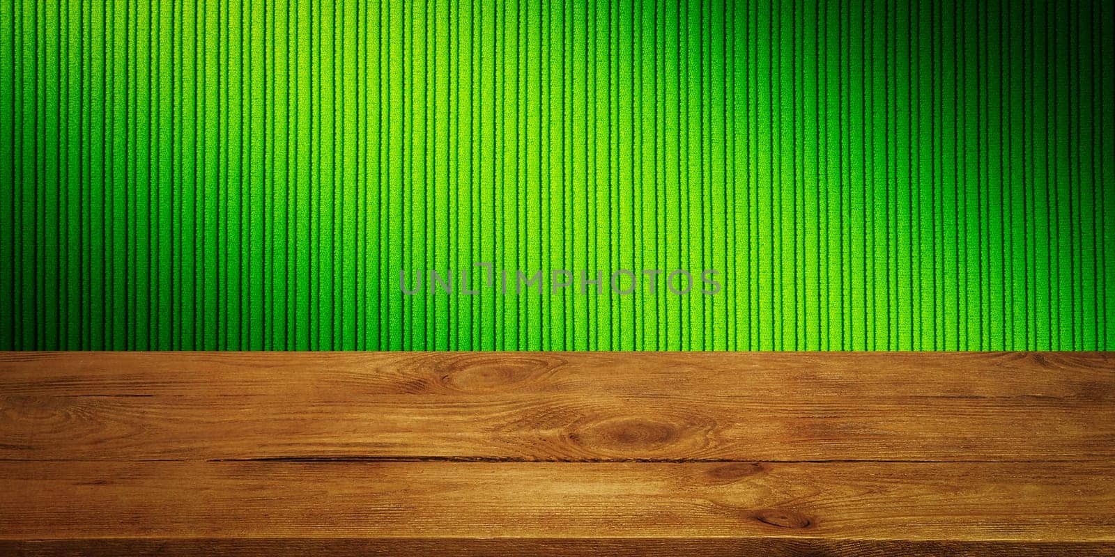 The background is blank wooden boards and a textured striped wall with gradient lighting and vignetting. For product demonstrations, free space, layout, mockup, perspective board, background board.