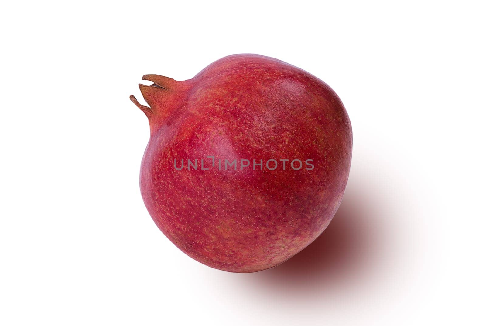 Garnet isolated on a white background close-up with shadow. Fresh pomegranate. Juicy pomegranate. Delicious pomegranate. Place for advertising, logo, lettering, layout, mockup.