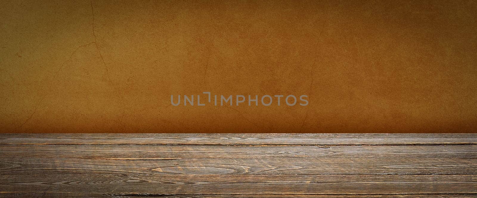 The background is blank wooden boards and a textured plastered wall with lighting and vignetting. For product demonstrations, free space, layout, mockup, perspective board, background board.