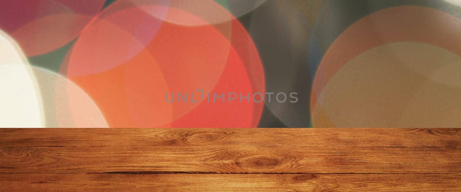 The background is an empty wooden board and a wall of blurred bokeh lights. For product demonstrations, free space, layout, mockup, perspective board, background board.