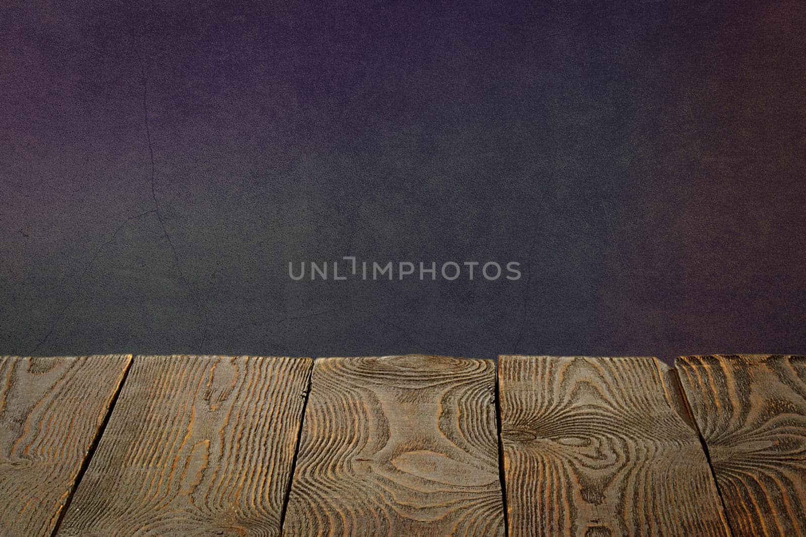 The background is blank wooden boards and a textured plastered wall with lighting and vignetting. For product demonstrations, free space, layout, mockup, perspective board, background board.