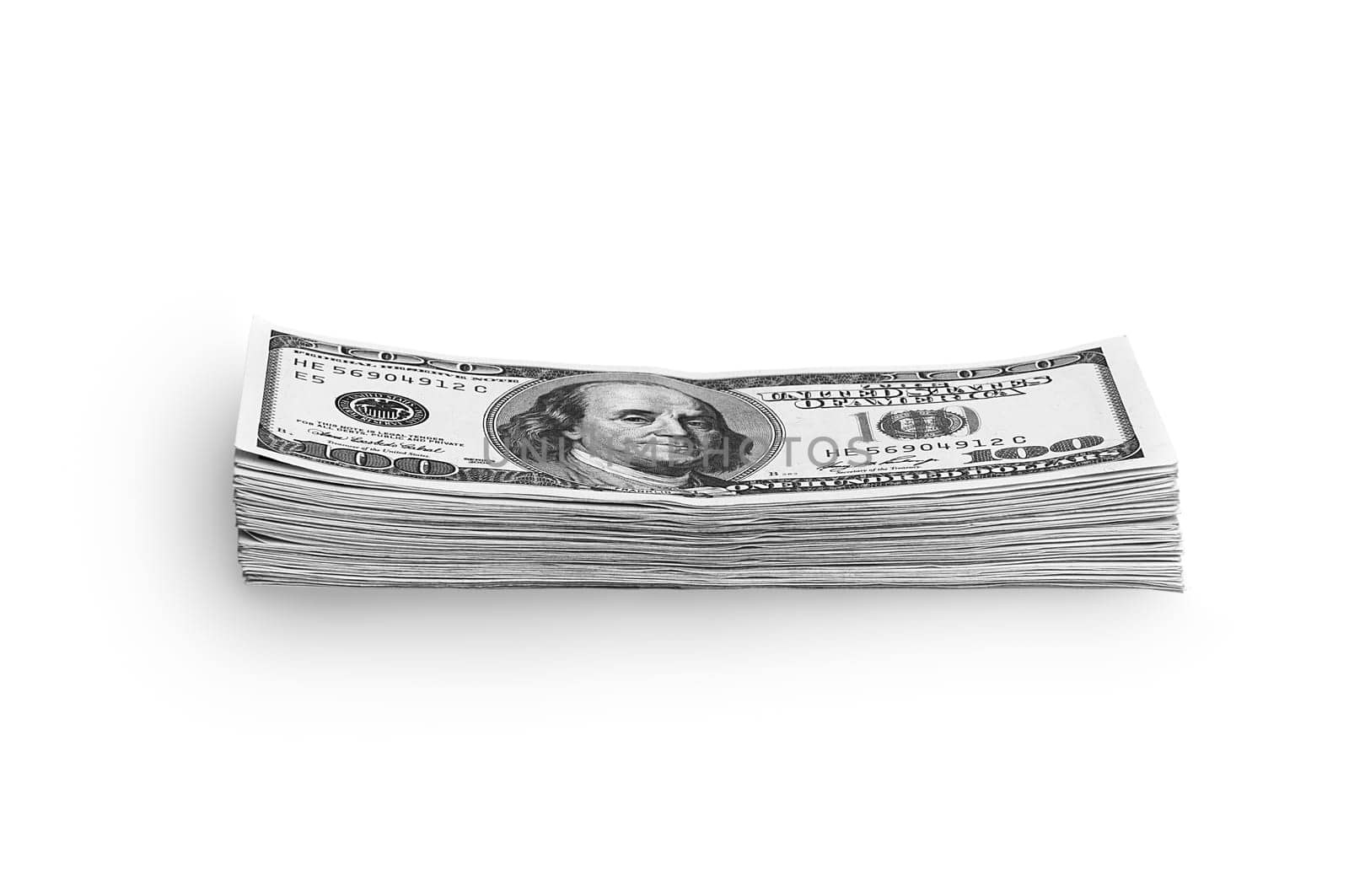 A stack of packaged dollars on a white background. One hundred American dollar bills. The pile of dollars is isolated with a shadow. Black and white style. A big wad of dollars. Place for logo, lettering, layout, layout.