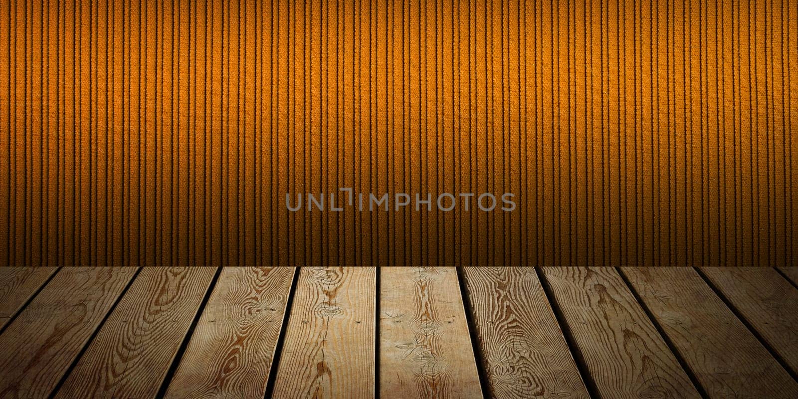 The background is blank wooden boards and a textured striped wall with gradient lighting and vignetting. For product demonstrations, free space, layout, mockup, perspective board, background board.