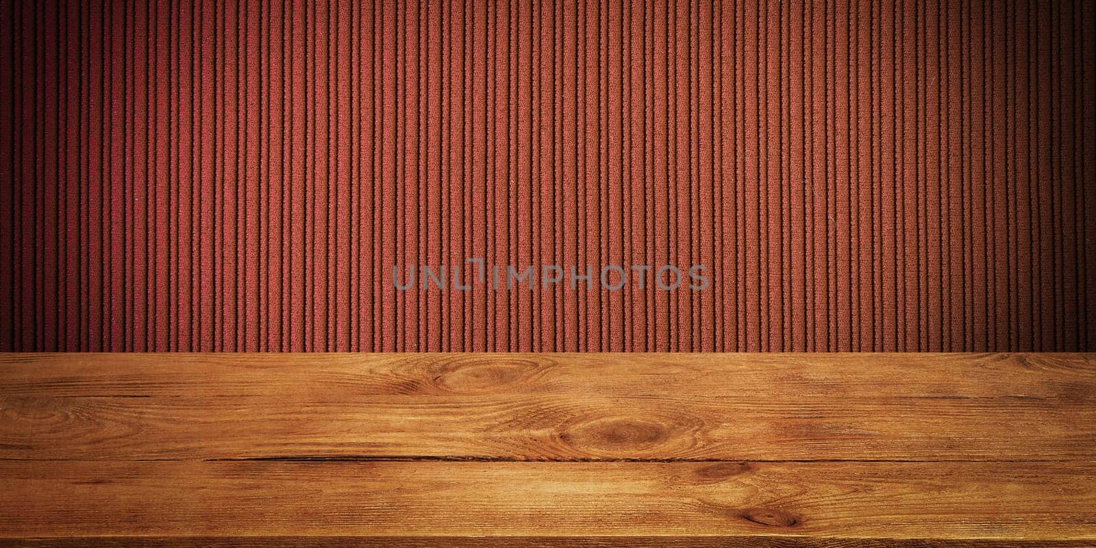 The background is blank wooden boards and a textured striped wall with gradient lighting and vignetting. For product demonstrations, free space, layout, mockup, perspective board, background board.
