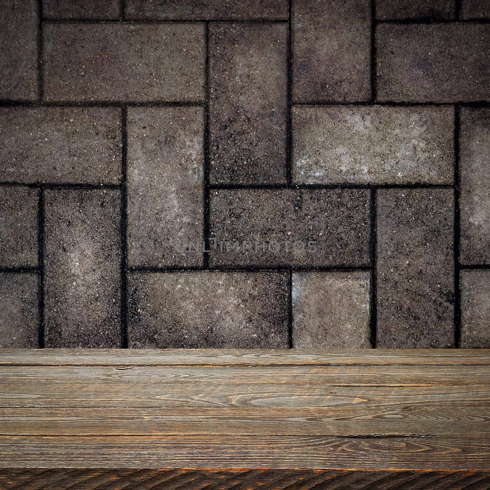 The background is blank wooden boards and a textured brick wall with lighting and vignetting. For product demonstrations, free space, layout, mockup, perspective board, background board.