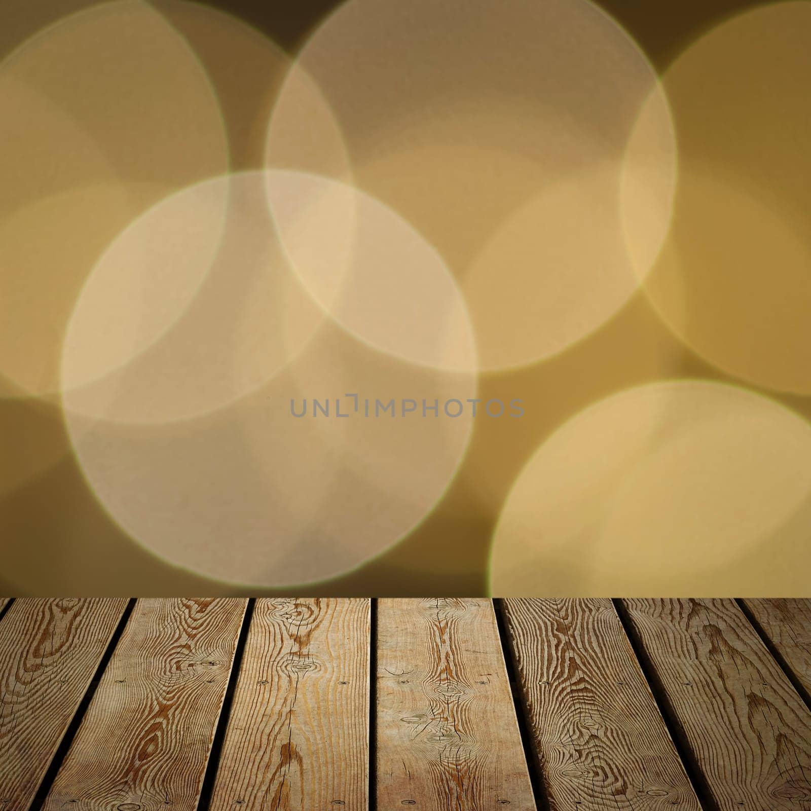 The background is an empty wooden board and a wall of blurred bokeh lights. For product demonstrations, free space, layout, mockup, perspective board, background board.