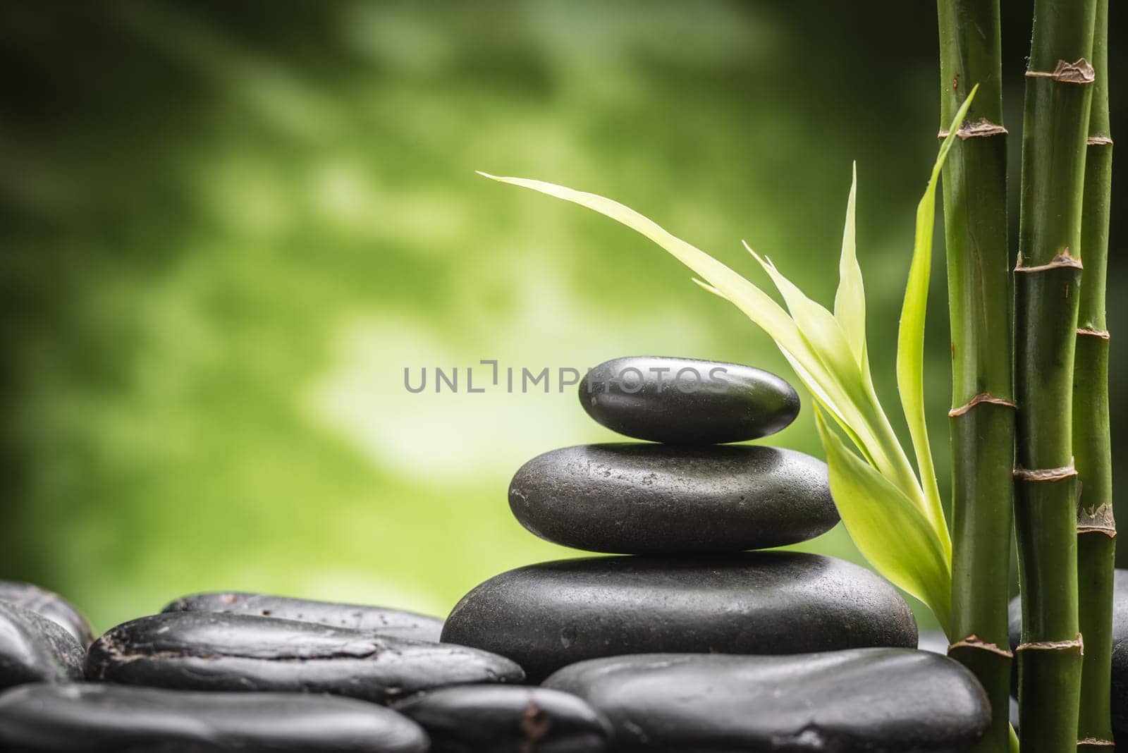 still life with zen basalt stones and bamboo