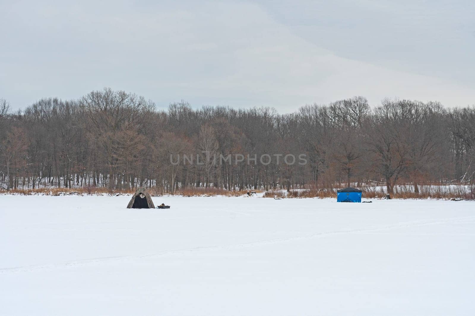 Ice Fishing Tents on a Frozen Lake in the Ned Brown Preserve in Illinois