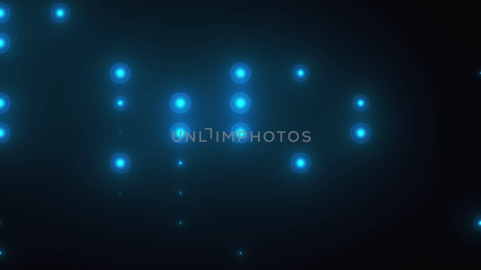 Rows of light bulbs spotlights with random switch on, computer generated night club background, 3d rendering