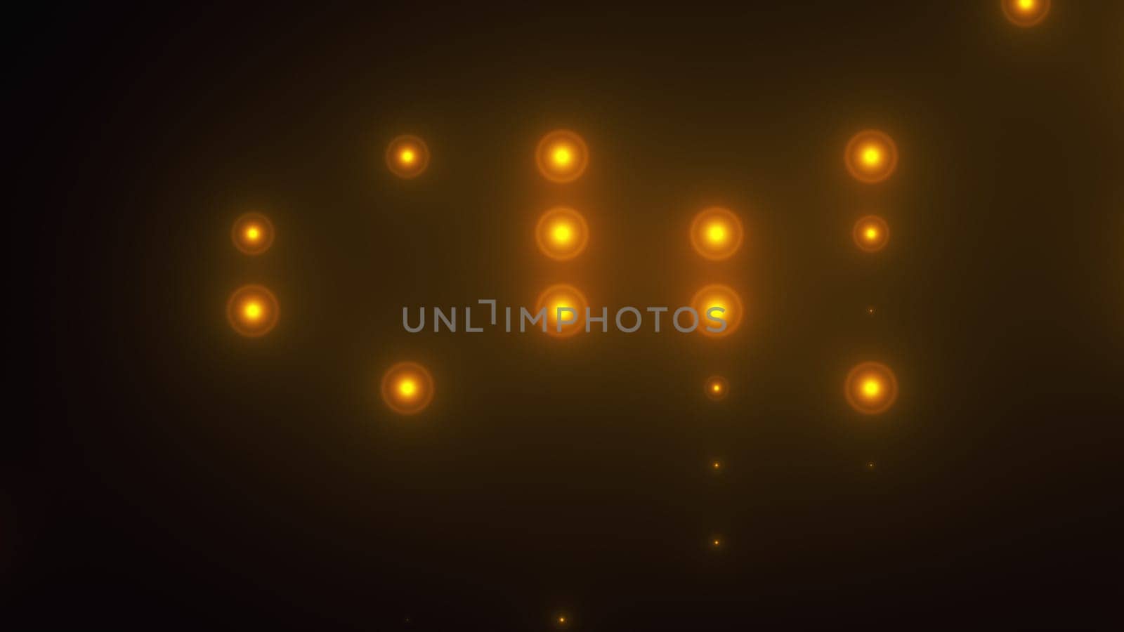 Rows of light bulbs spotlights with random switch on, computer generated night club background, 3d rendering