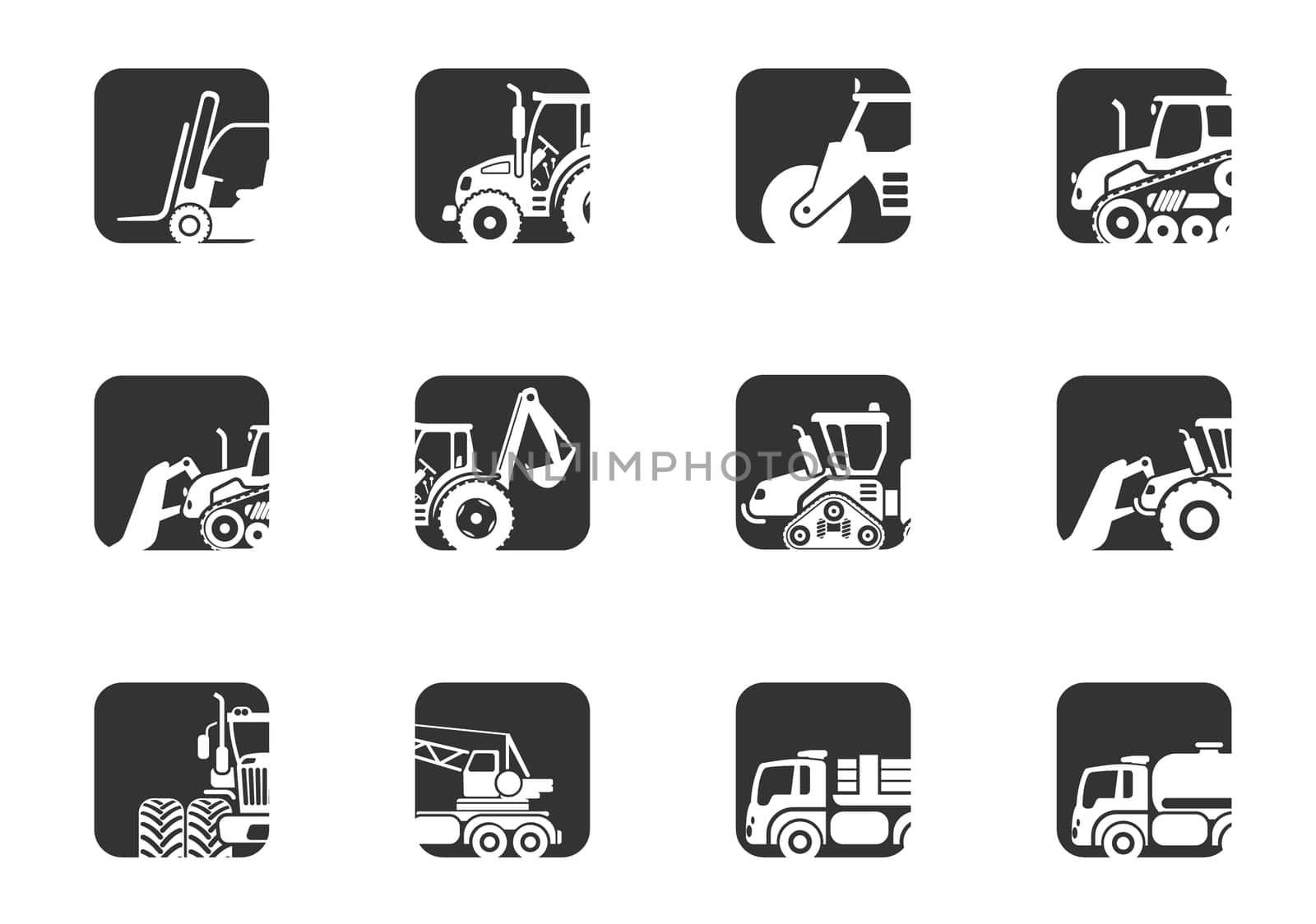 Industrial vehicles icons set with tractor loader paver excavator bulldozer truck isolated vector illustration