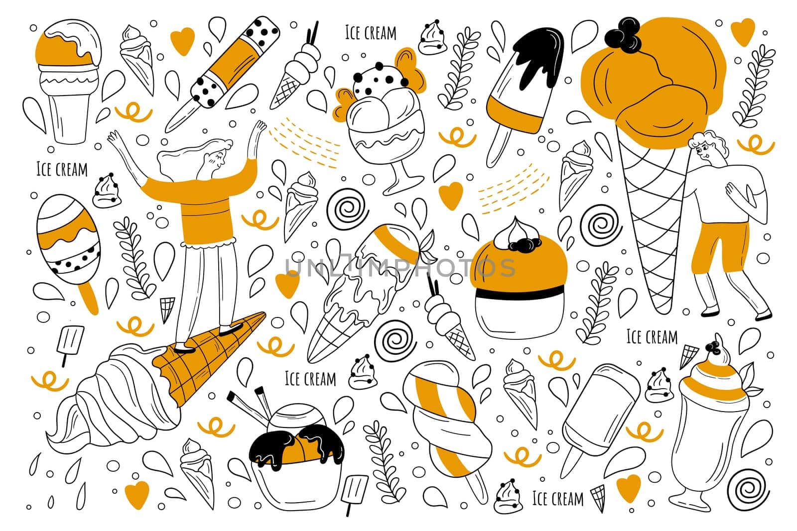 Ice cream doodle set. Collection of hand drawn sketches templates of sundae balls and waffle cone or junk food licking. Unhealthy nutrition or summer meal illustration.