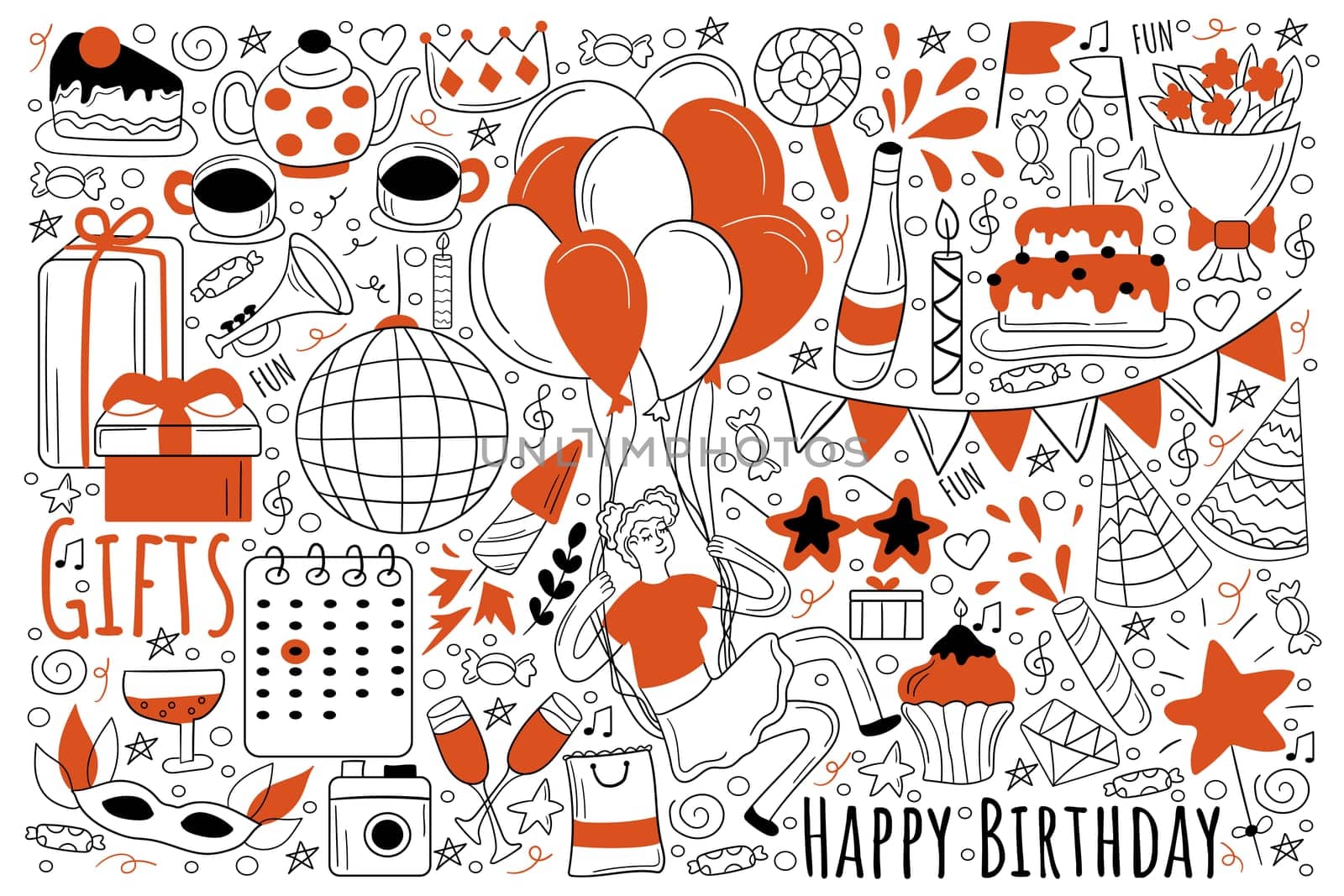 Birthday holiday doodle set. Collection of hand drawn sketches templates of party celebration congratulation and gifts giveaway. Happy lifestyle and festival atmosphere or having fun illustration.