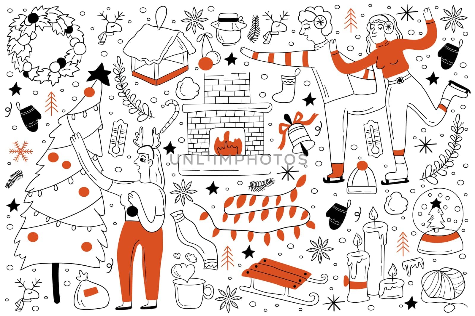 Winter doodle set. Collection of hand drawn sketches templates of people in cold season building snowman and snowballs or skiing or decorating christmas tree. Celebration of New Year illustration.