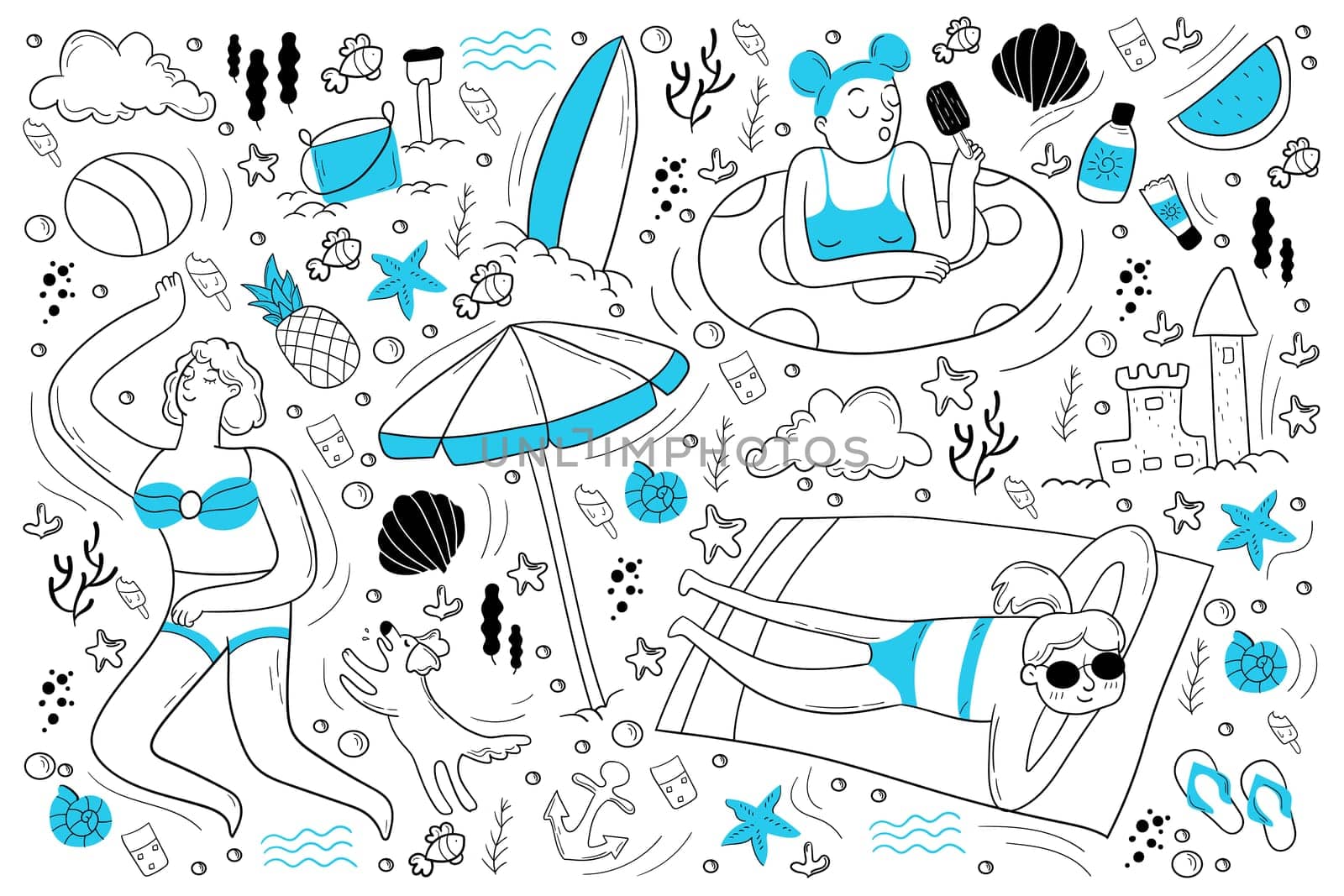 Beach doodle set. Collection of hand drawn sketches templates of people lying at sea or ocean coast sunbathing under umbrella and building sand castles. Summer recreation on vacation illustration.