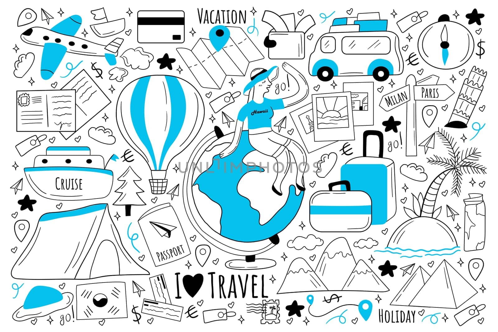 Travel doodle set. Collection of hand drawn sketches templates of people tourists travelling around world on holiday or vacation at cruise or plane. Active lifestyle tourism recreation illustration.