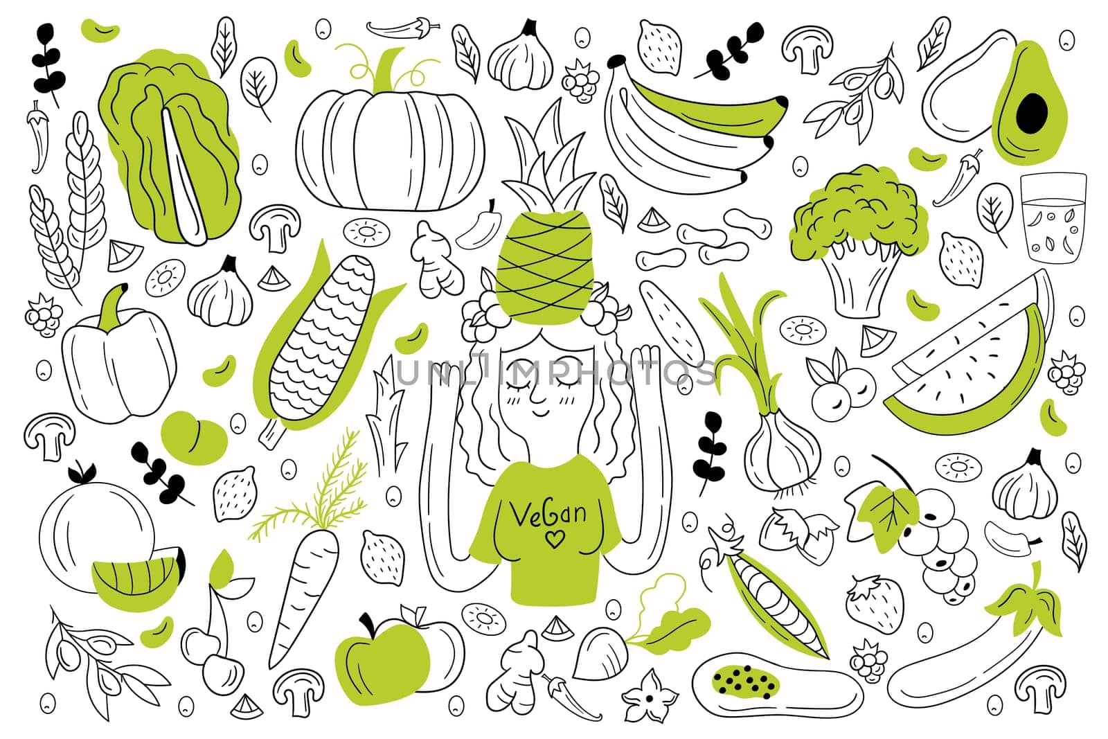 Vegan food doodle set. Collection of hand drawn sketches templates of people vegans dieting eating natural vegetarian meal smoothie cocktail cereals vegetables fruits. Healthy lifestyle illustration.