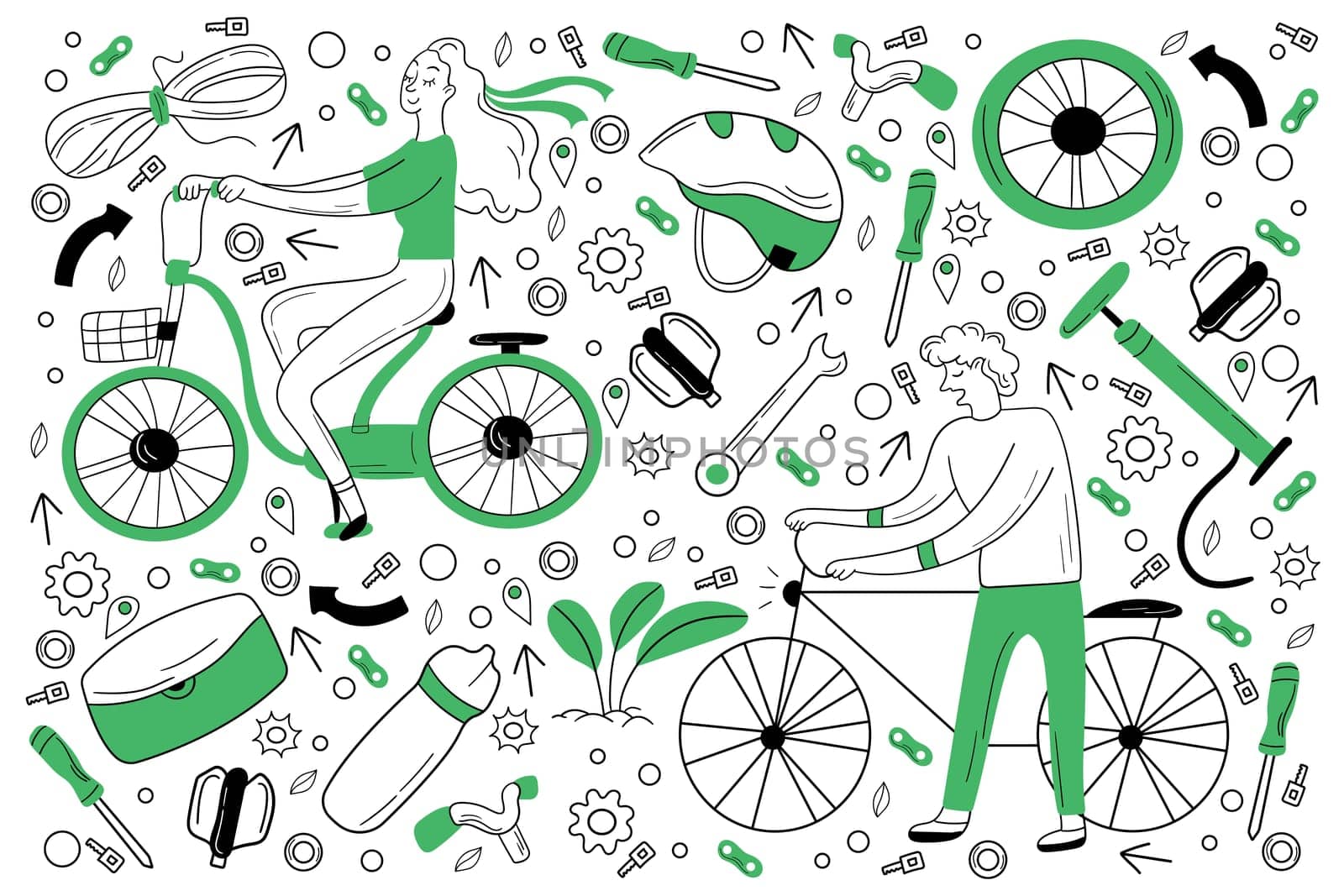 Bicycle doodle set. Collection of hand drawn sketches templates of various part of bike or cycle and people riding on transport vehicle. Transportation and maintenance or repair illustration.