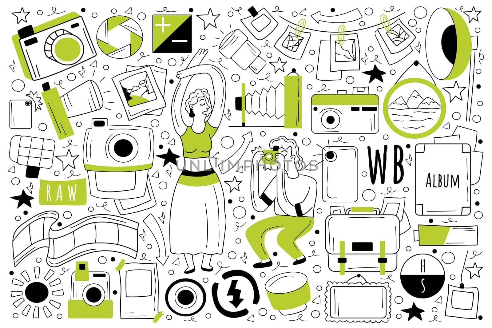 Photography doodle set. Collection of hand drawn sketches templates of people photographing using art equipment camera and video shooting. Model business photo session on album illustration.