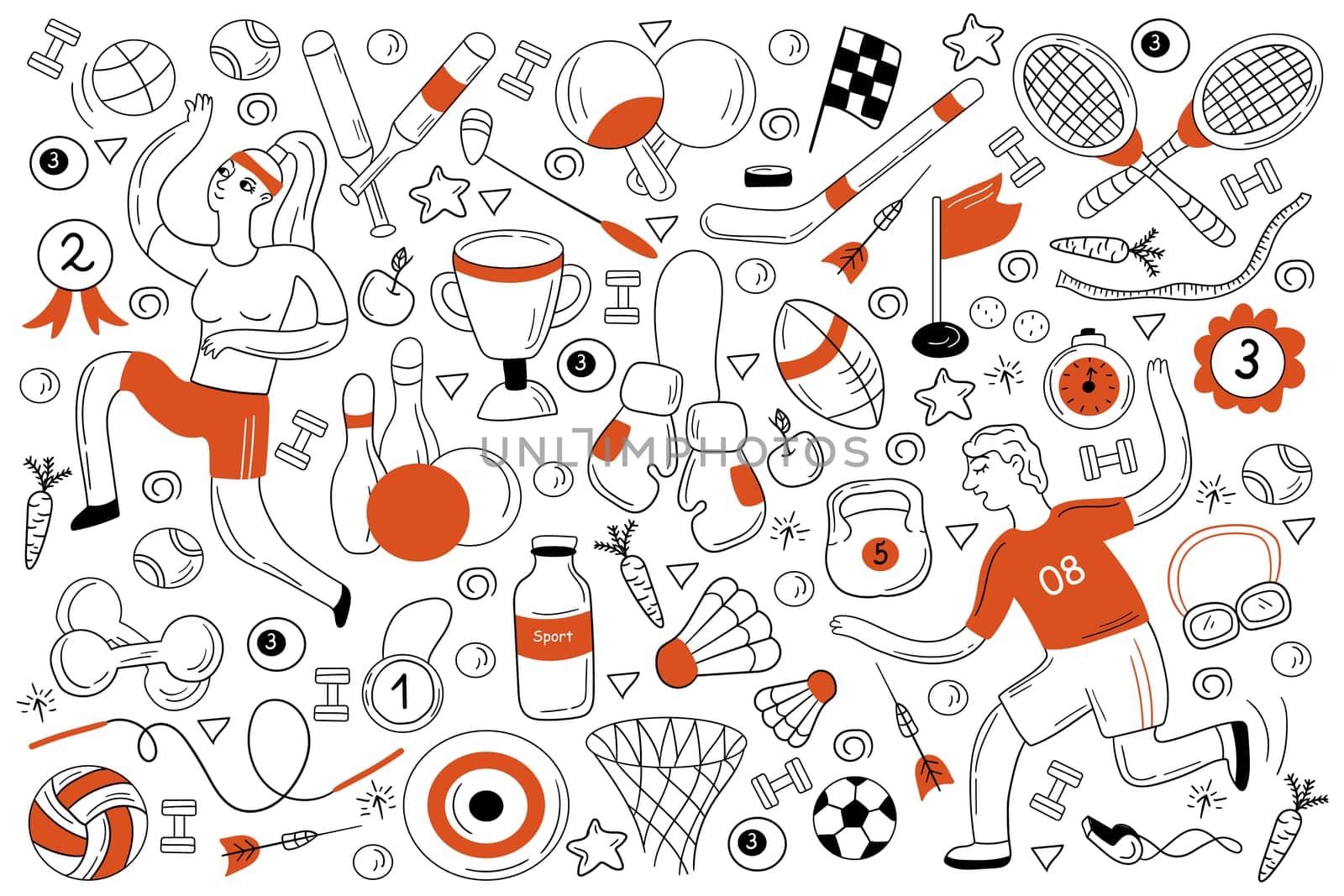 Sport doodle set. Colection of hand drawn sketches templates of people doing sport playing football tennis or basketball games winning trophy. Active recreation and healthy lifestyle illustration