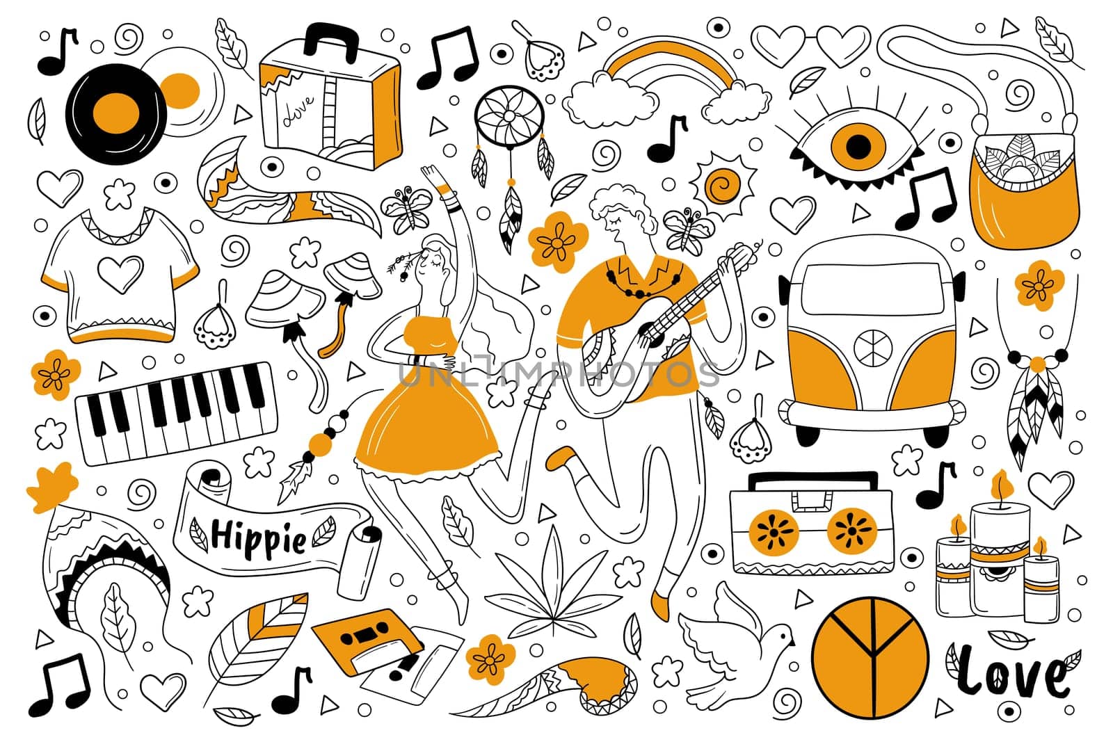 Hippie doodle set. Collection of hand drawn sketches templates of men and women belonging to philosophy subculture playing music and spreading love and piece. Happy lifestyle illustration.