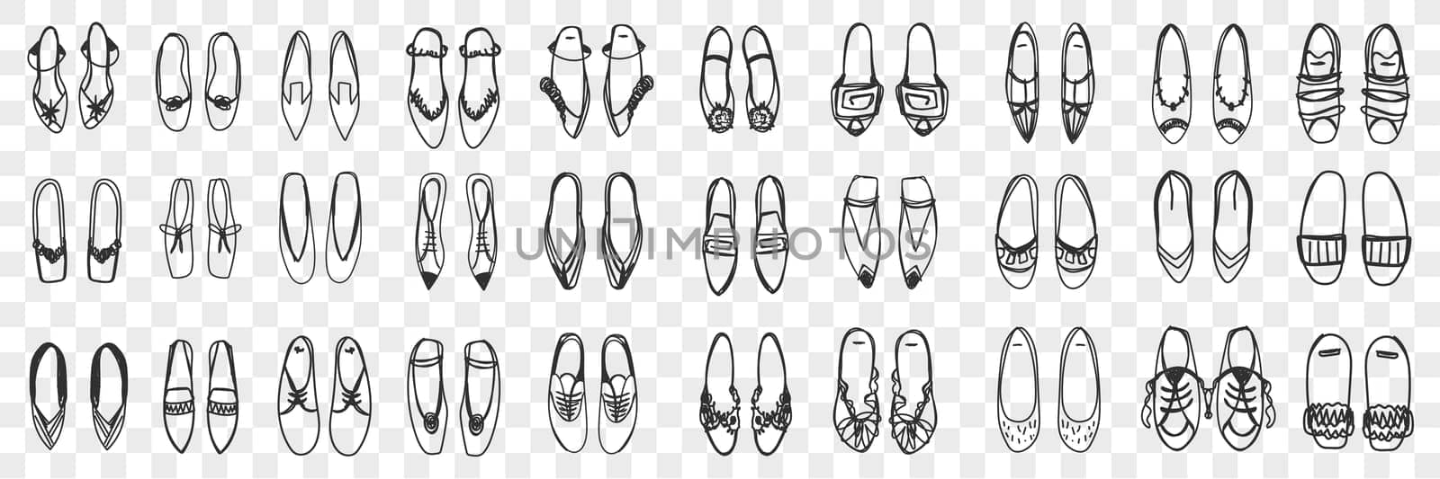Pairs of feminine shoes doodle set. Collection of hand drawn stylish elegant shoes sandals and sneakers pairs standing in rows isolated on transparent background. Illustration of footwear