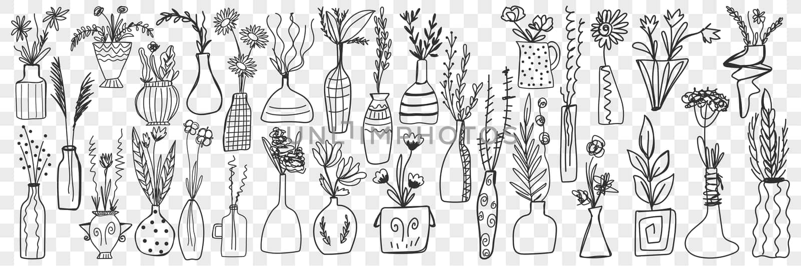 Flowers in pots doodle set. Collection of hand drawn various plants in pots for home growing isolated on transparent background. Illustration of home hobby as houseplants