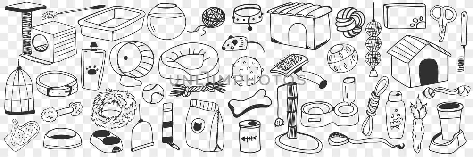 Accessories and toys for dogs doodle set. Collection of hand drawn brush, food, leash, kennel, bone, toys, mitten, playground and other accessories for pets dogs isolated on transparent background