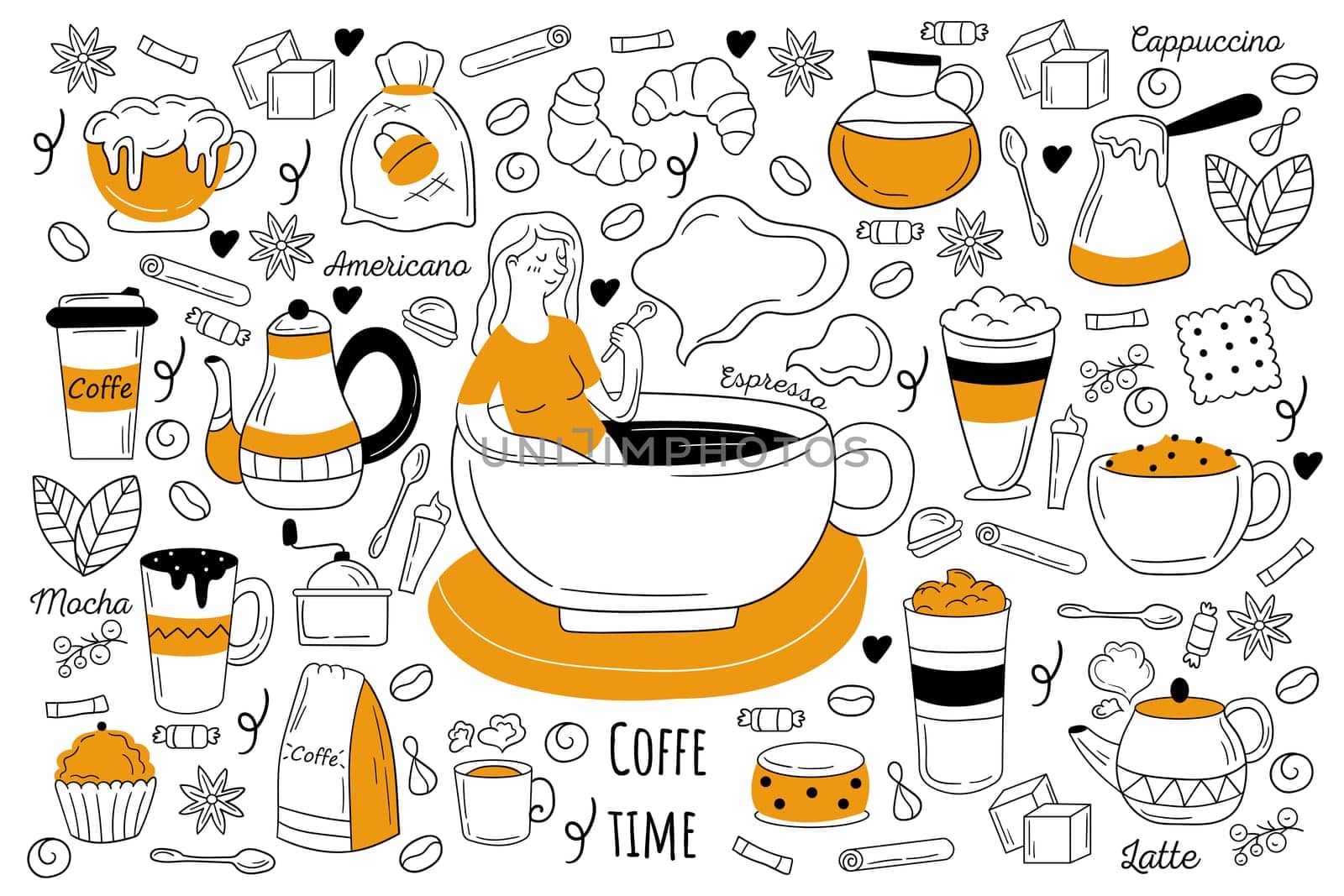 Coffee time doodle set. Collection of hand drawn sketches templates of hot strong cappuccino americano espresso latte mocha cups. Energy drinks with caffeine illustration.
